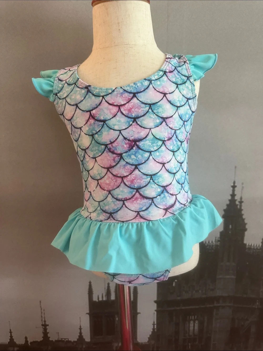 Girls Mermaid Scale One-Piece Swimsuit in Aqua, Pink, Purple